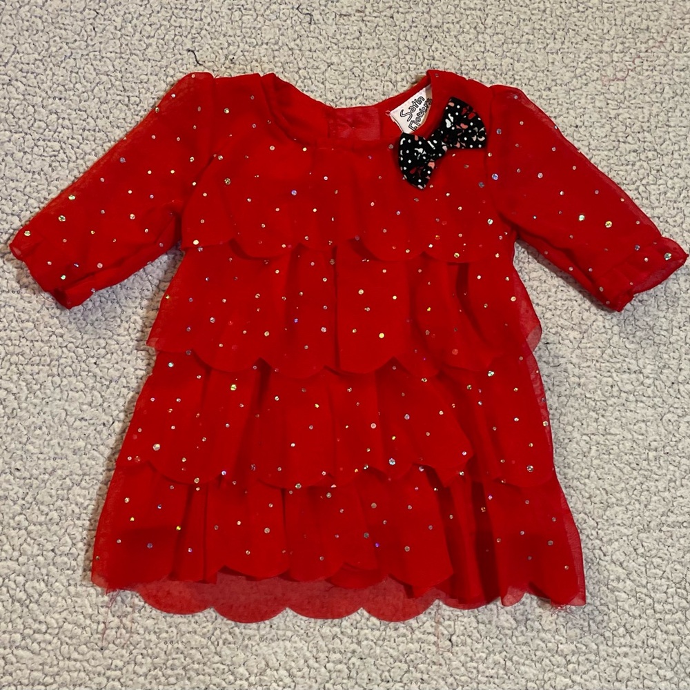 Satin Flowers Baby Girl's 3/4 Sleeve Layered Sparkly Lined Dress Size: 12M